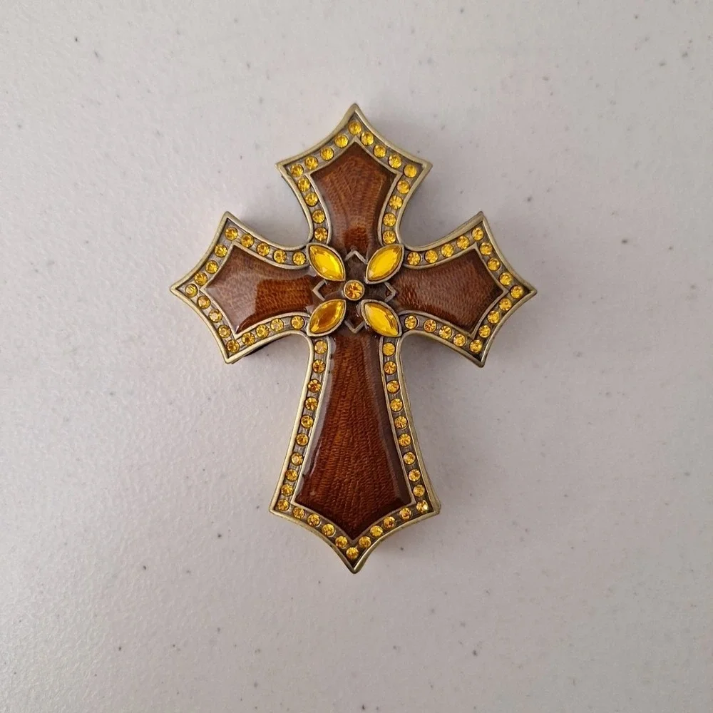 Vintage Ornate Brass Enamel Jeweled Trinket Box Cross 4.5